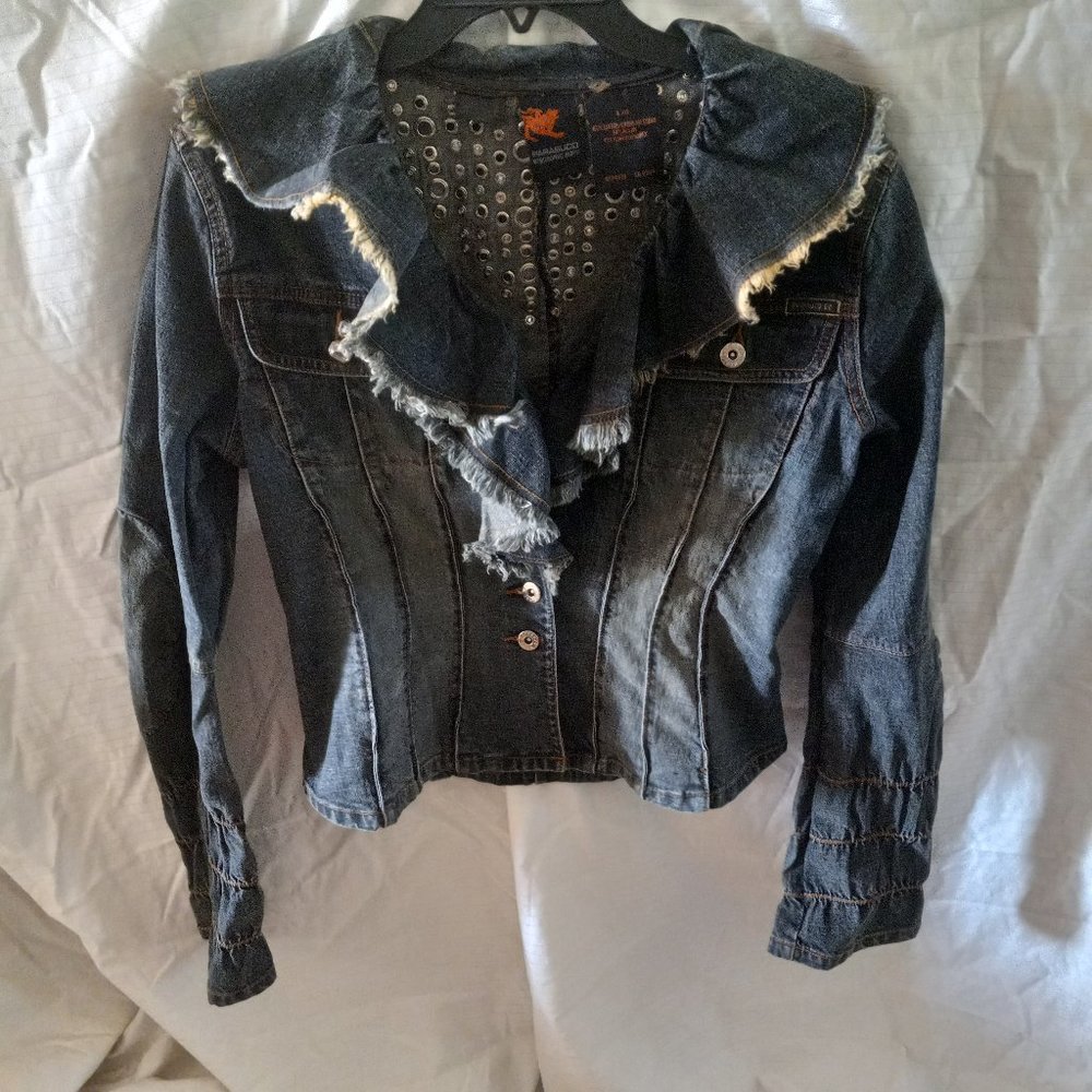 L Parasuco ruffled denim studded ergonomic jean jacket